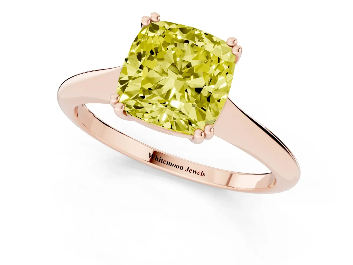 Fancy Yellow Cushion Cut Solitaire Diamond Ring with Six-Prong Setting and Classic Band Rose gold