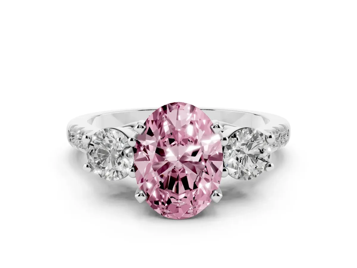 Fancy Pink Three-Stone Oval Cut Diamond Pavé Band with Four-Prong Setting Platinum