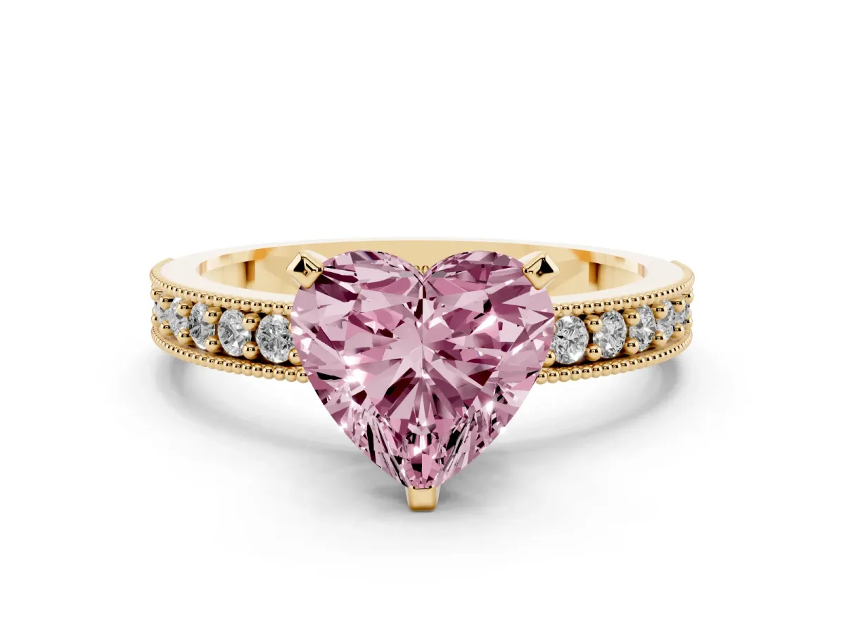 Fancy Pink Heart Cut Diamond Milgrain Pavé Engagement Ring with Four-Prong Setting Yellow gold