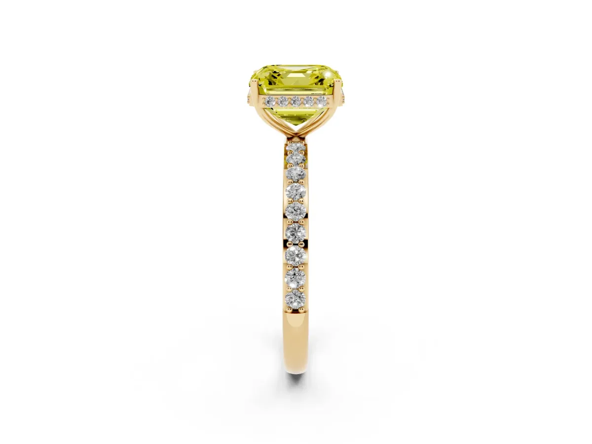 Fancy Yellow Asscher Cut Diamond Solitaire Ring with Pavé Band and Hidden Halo Yellow gold