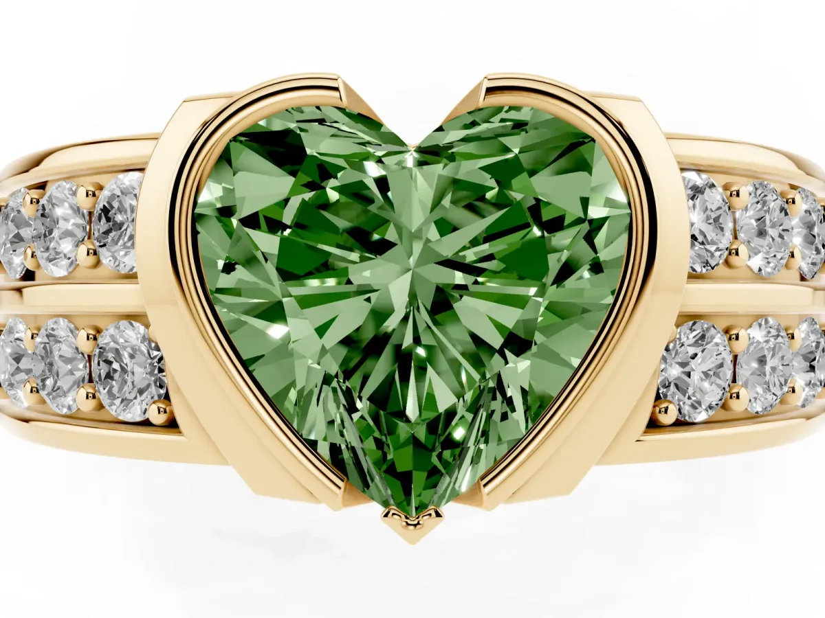 Fancy Green Heart Cut Brilliant Diamond Channel Set Wide Band Ring with Bezel Setting Yellow gold