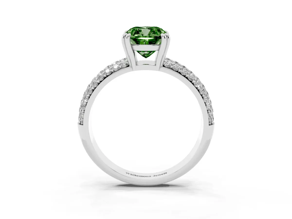 Fancy Green Cushion Cut Diamond Solitaire Ring with Multi-Row Round Pavé Band and Prong Setting Silver