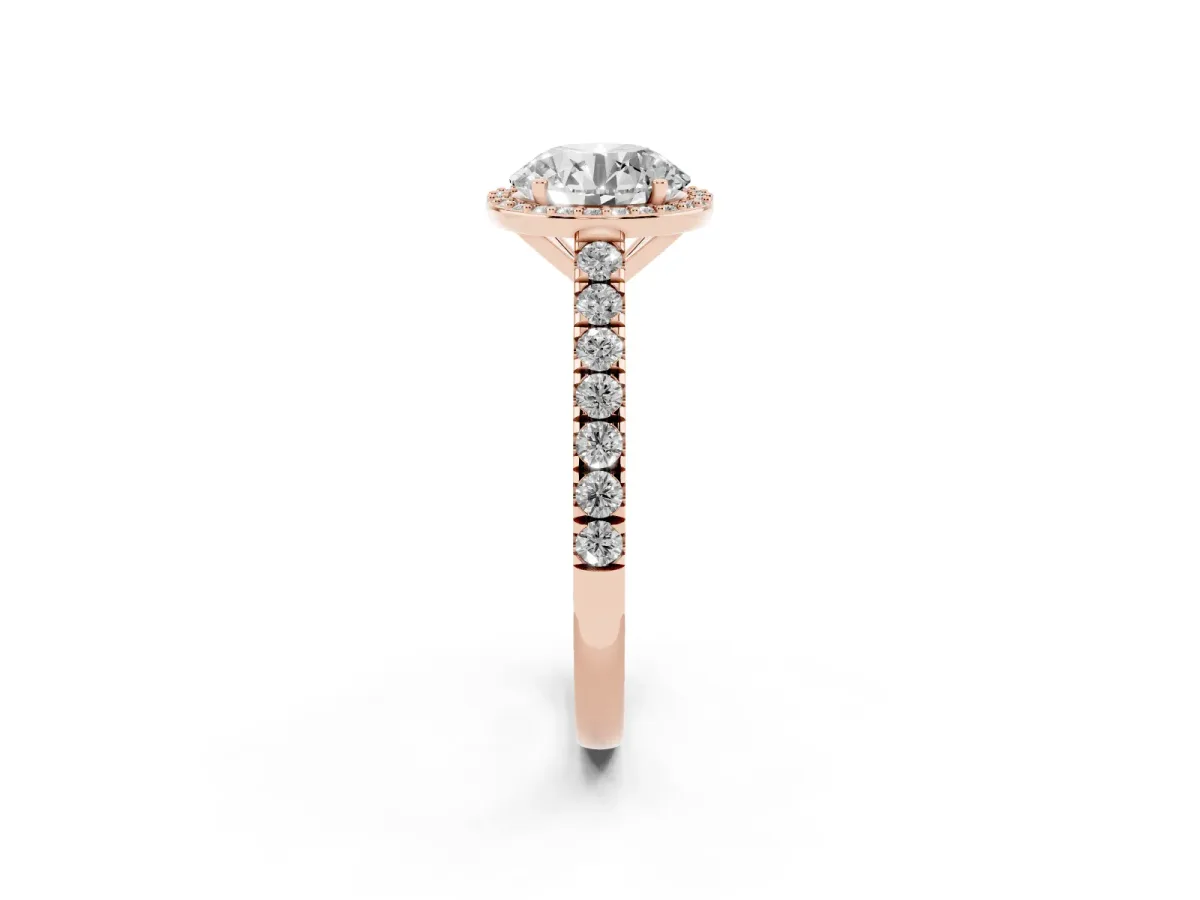 Round Cut Cut Halo Diamond Engagement Ring with Pave Band and Four-Prong Setting Rose gold