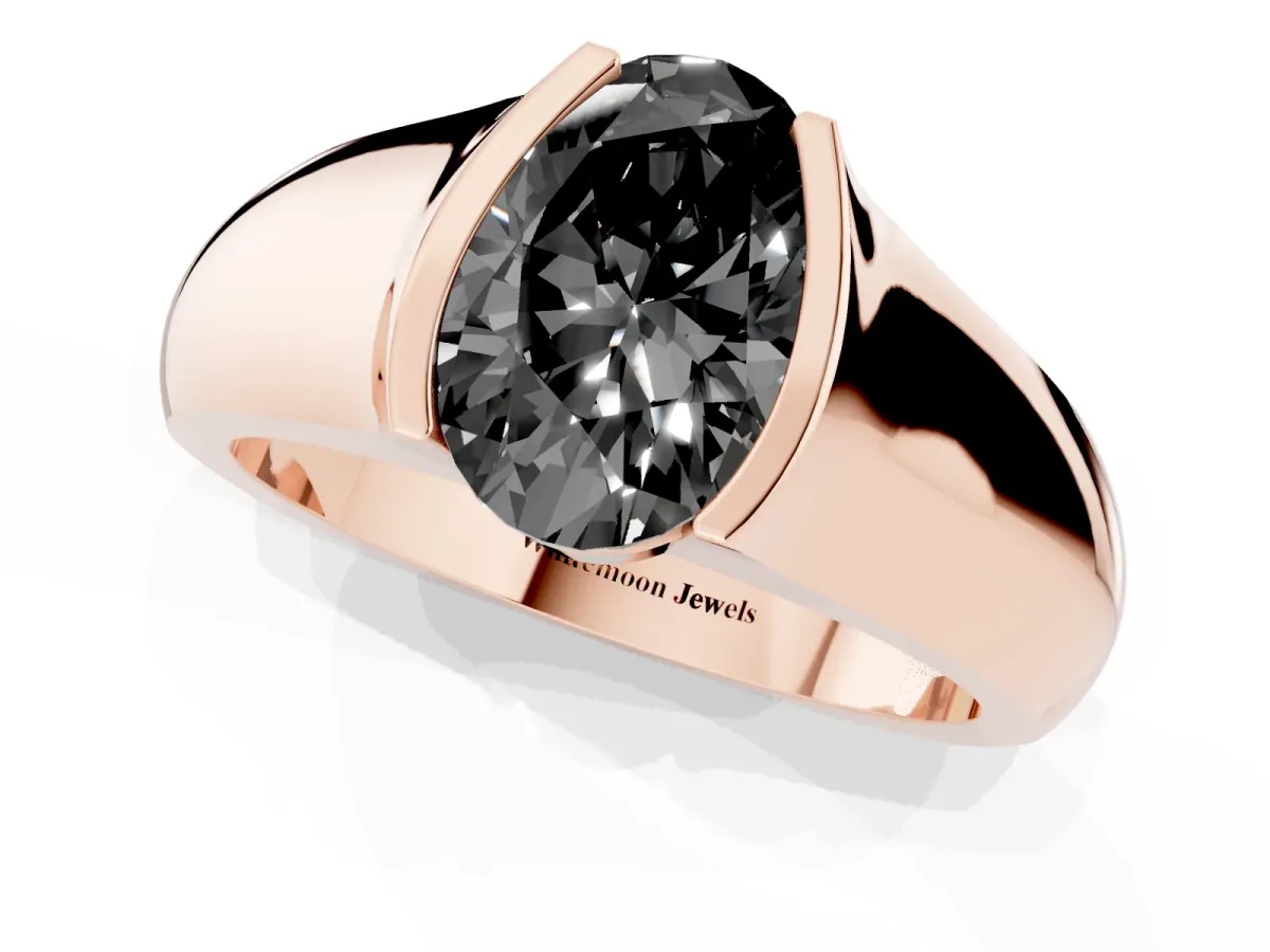 Fancy Black Oval Cut Solitaire Bezel Set Diamond Ring with Wide Band Rose gold