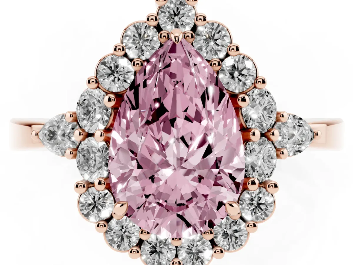 Fancy Pink Pear Cut Diamond Halo Ring with Pear Side Stones and Prong Setting Rose gold