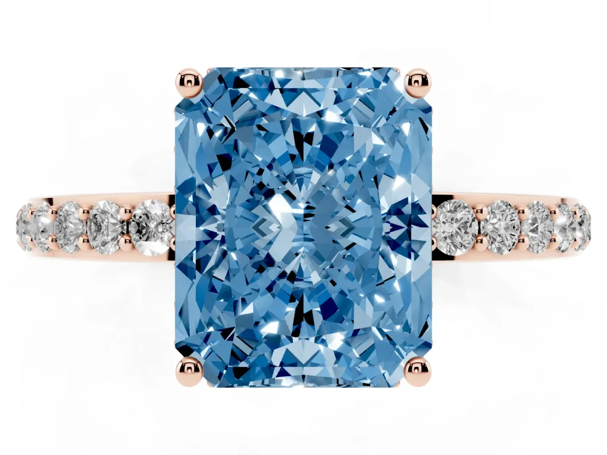 Fancy Blue Radiant Cut Diamond Solitaire Ring with Pavé Band and Hidden Halo Rose gold