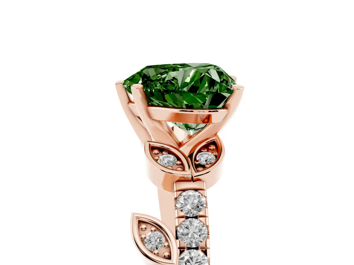 Fancy Green Heart Cut Solitaire Leaf-Inspired Diamond Ring with Pavé Band and Four-Prong Setting Rose gold