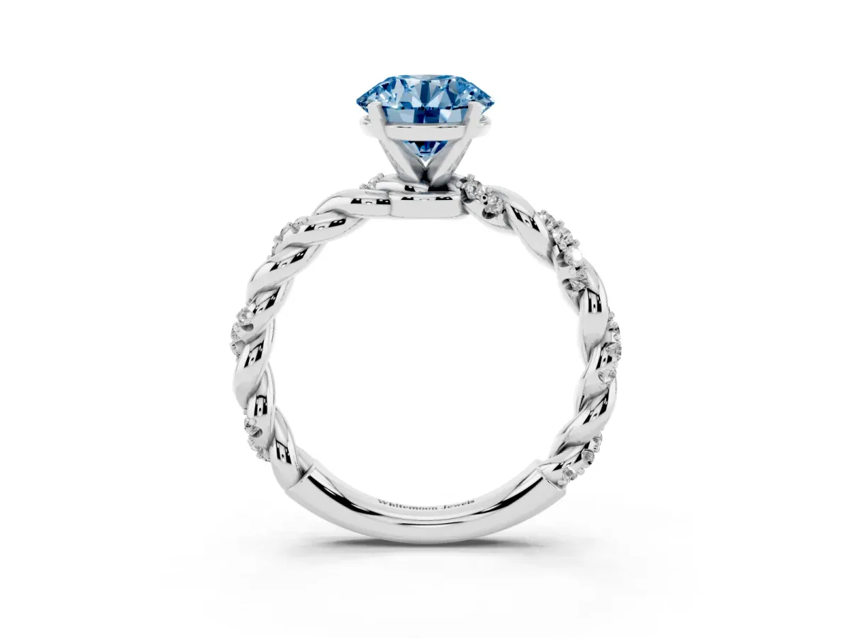 Fancy Blue Round Cut Diamond Solitaire Ring with Twisted Band and Pavé Accents Silver