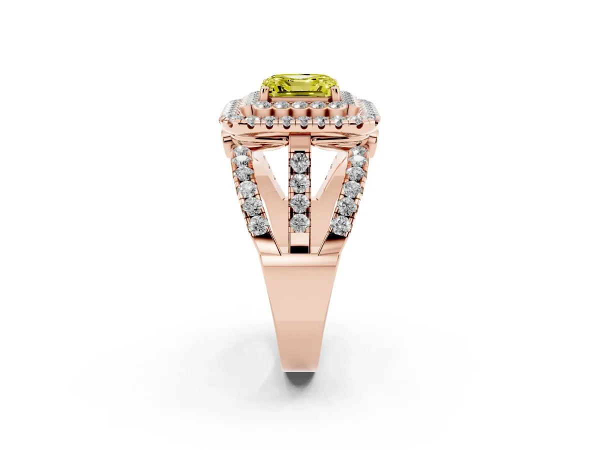 Fancy Yellow Asscher Cut Diamond Double Halo Ring with Round Pavé Split Shank and Prong Setting Rose gold