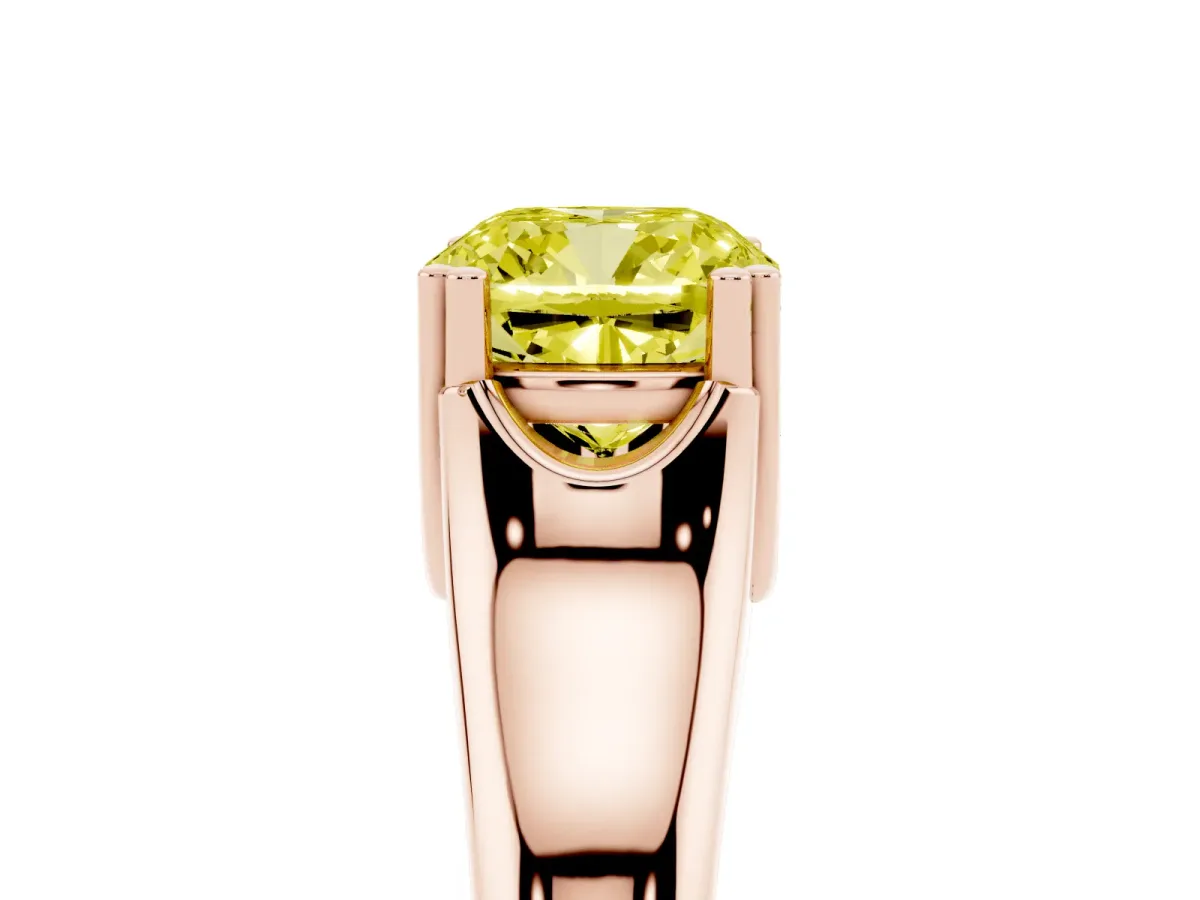 Fancy Yellow Cushion Cut Diamond Solitaire Ring with Wide Band and Prong Setting Rose gold