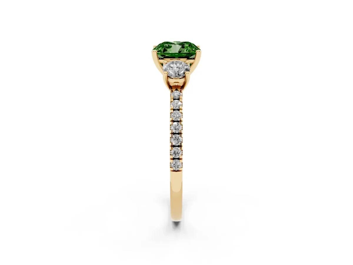 Fancy Green Three-Stone Cushion Cut Cut Diamond Pavé Band with Prong Setting Yellow gold