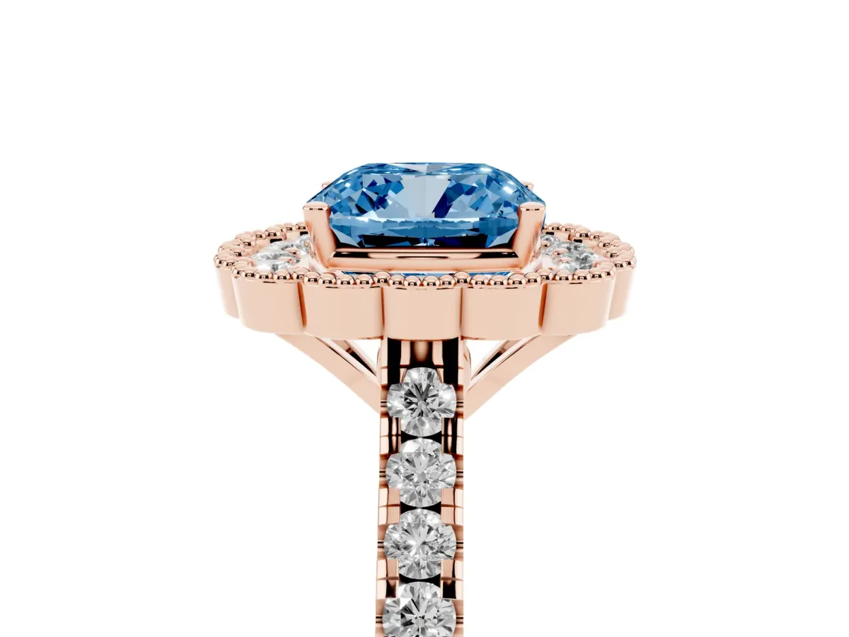 Fancy Blue Cushion Cut Cut Diamond Milgrain Floral Halo Engagement Ring with Pavé Band Rose gold