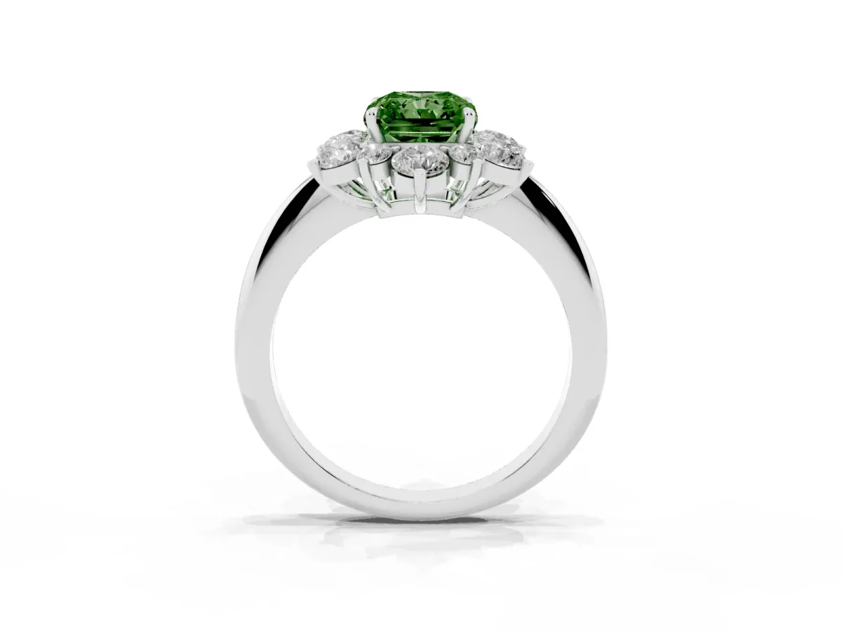 Fancy Green Radiant Cut Diamond Cluster Halo Ring with Solitaire Band and Four-Prong Setting Silver
