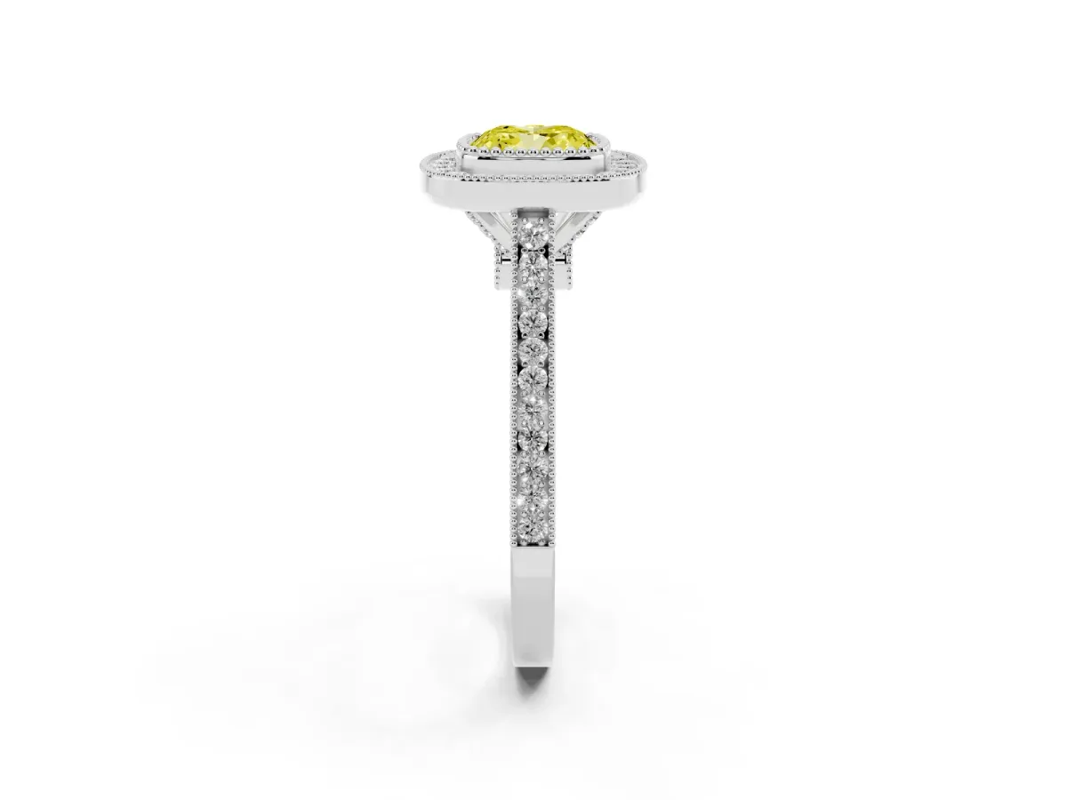 Fancy Yellow Cushion Cut Diamond Halo Ring with Milgrain Frame and Pavé Band White gold