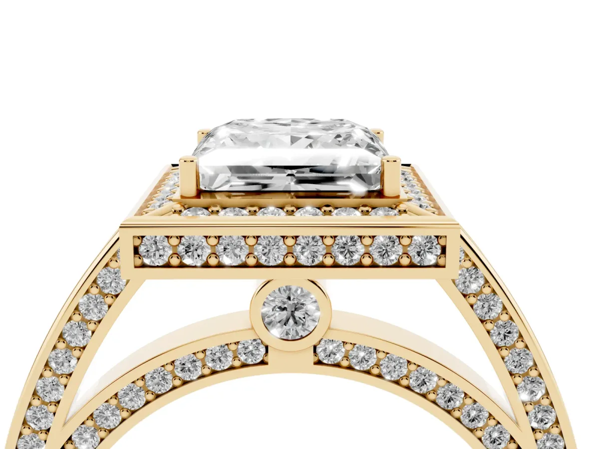 Princess Cut Cut Halo Pave Split Shank Prong Setting Ring Yellow gold