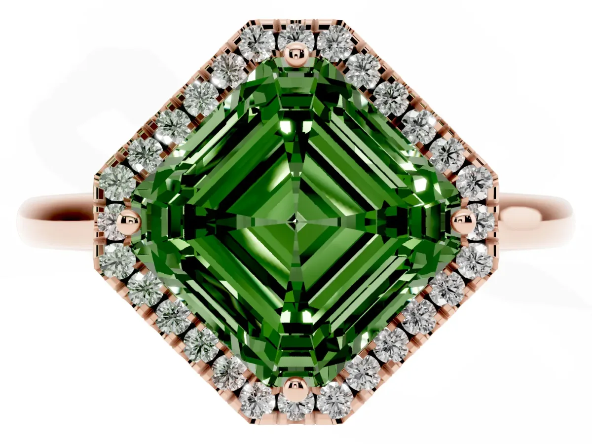 Fancy Green Asscher Cut Halo Round Diamond Solitaire Engagement Ring with Pave Band and Four-Prong Setting Rose gold
