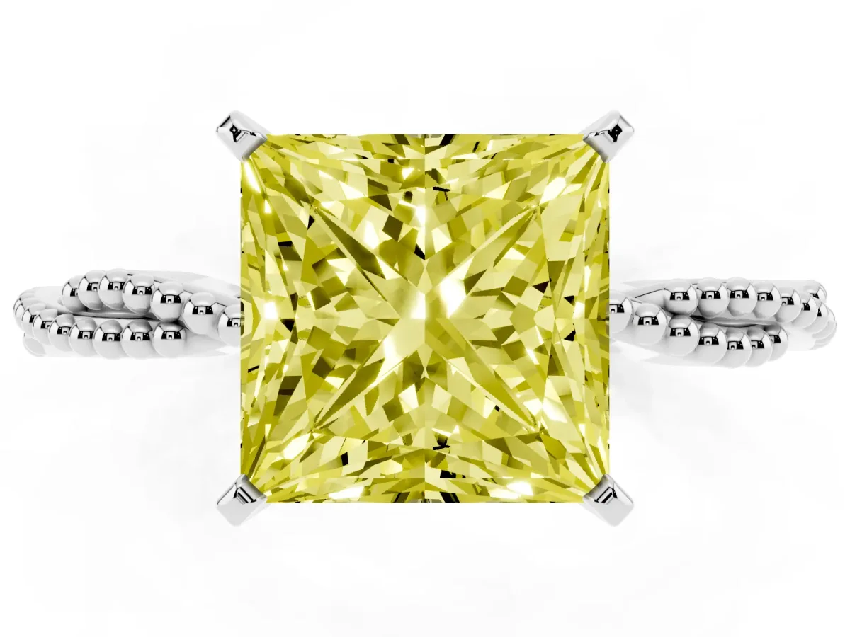 Fancy Yellow Princess Cut Solitaire Twisted Band with Bead Prong Setting Platinum