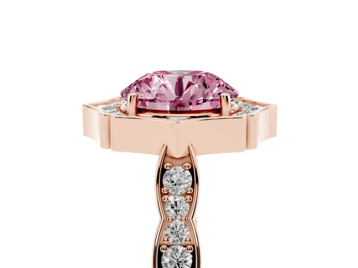 Fancy Pink Round Cut Halo Diamond Engagement Ring with Milgrain Band and Four-Prong Setting Rose gold