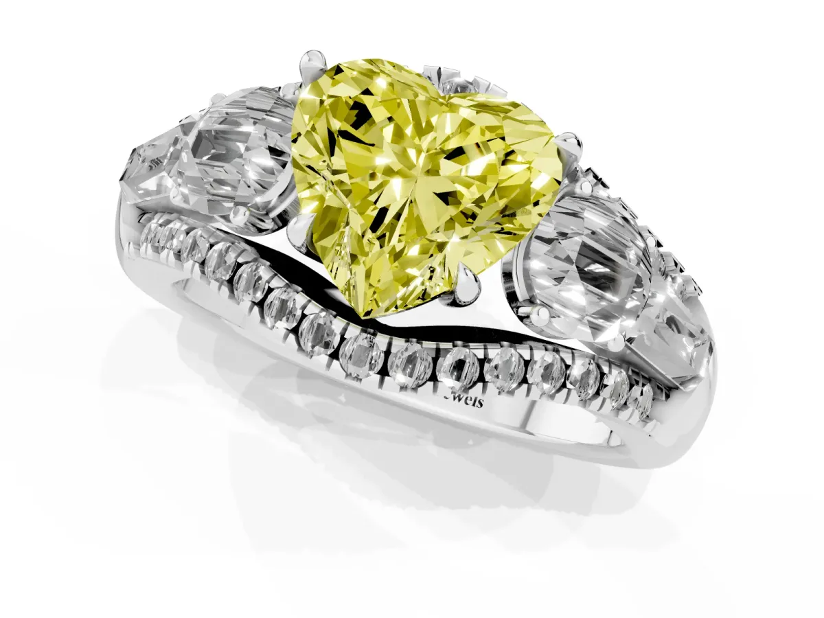 Fancy Yellow Three-Stone Heart Cut Diamond Engagement Ring with Pave Band and Prong Setting Silver