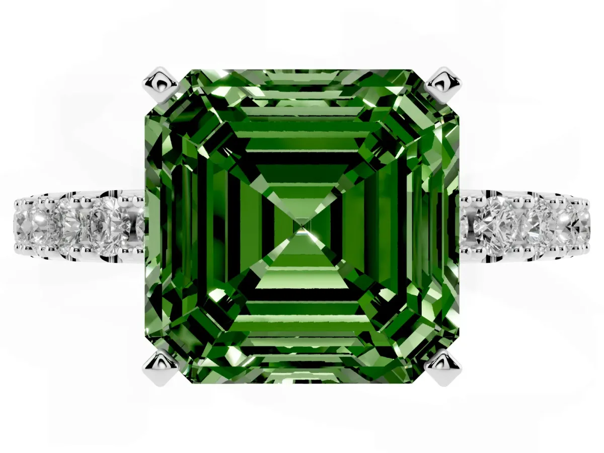 Fancy Green Asscher Cut Diamond Solitaire Pavé Band with Four-Prong Setting Silver