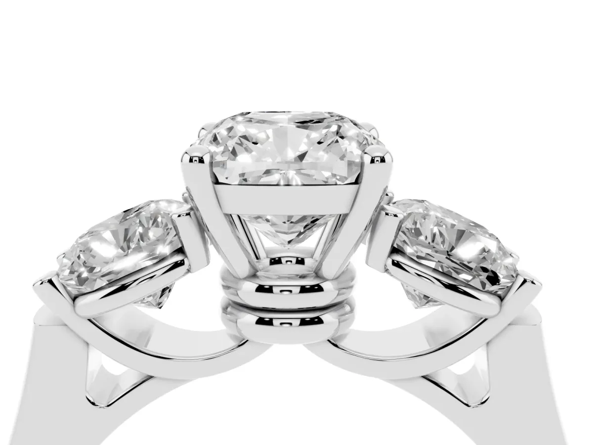 Three-Stone Cushion Cut Brilliant Diamond Trellis Ring with Comfort Fit Band Platinum
