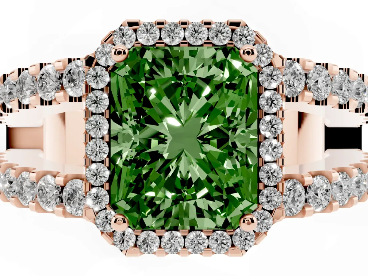 Fancy Green Radiant Cut Cut Halo Split Shank Diamond Ring with Four-Prong Setting Rose gold