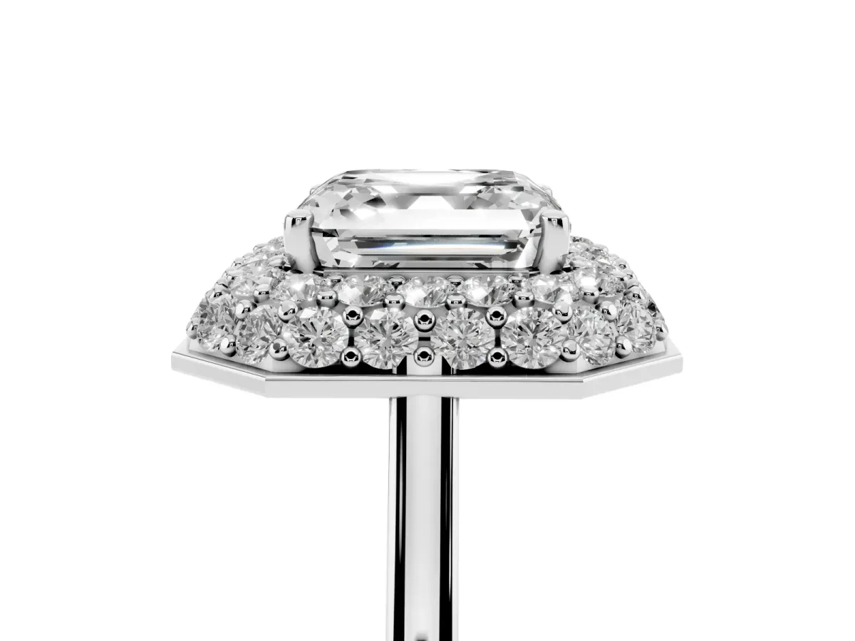 Asscher Cut Halo Diamond Engagement Ring with Solitaire Band and Four-Prong Setting Silver