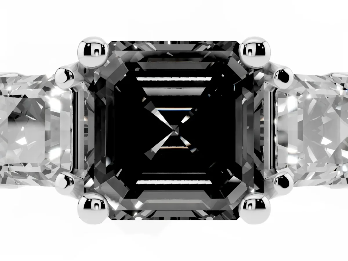 Fancy Black Asscher Cut Diamond Three-Stone Ring with Channel Set Band and Four-Prong Setting Silver