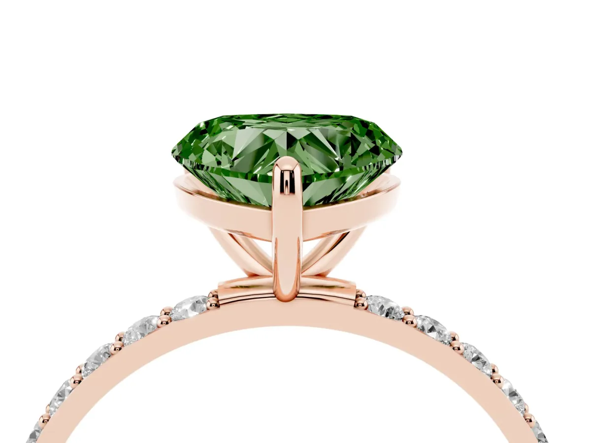 Fancy Green Heart Cut Diamond Solitaire Ring with Round Pavé Band and Prong Setting Rose gold
