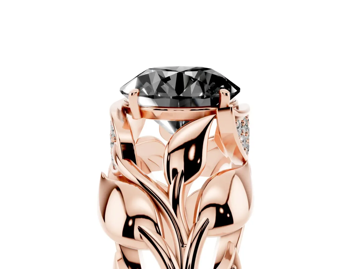 Fancy Black Round Cut Diamond Leaf-Inspired Engagement Ring with Round Accents and Prong Setting Rose gold