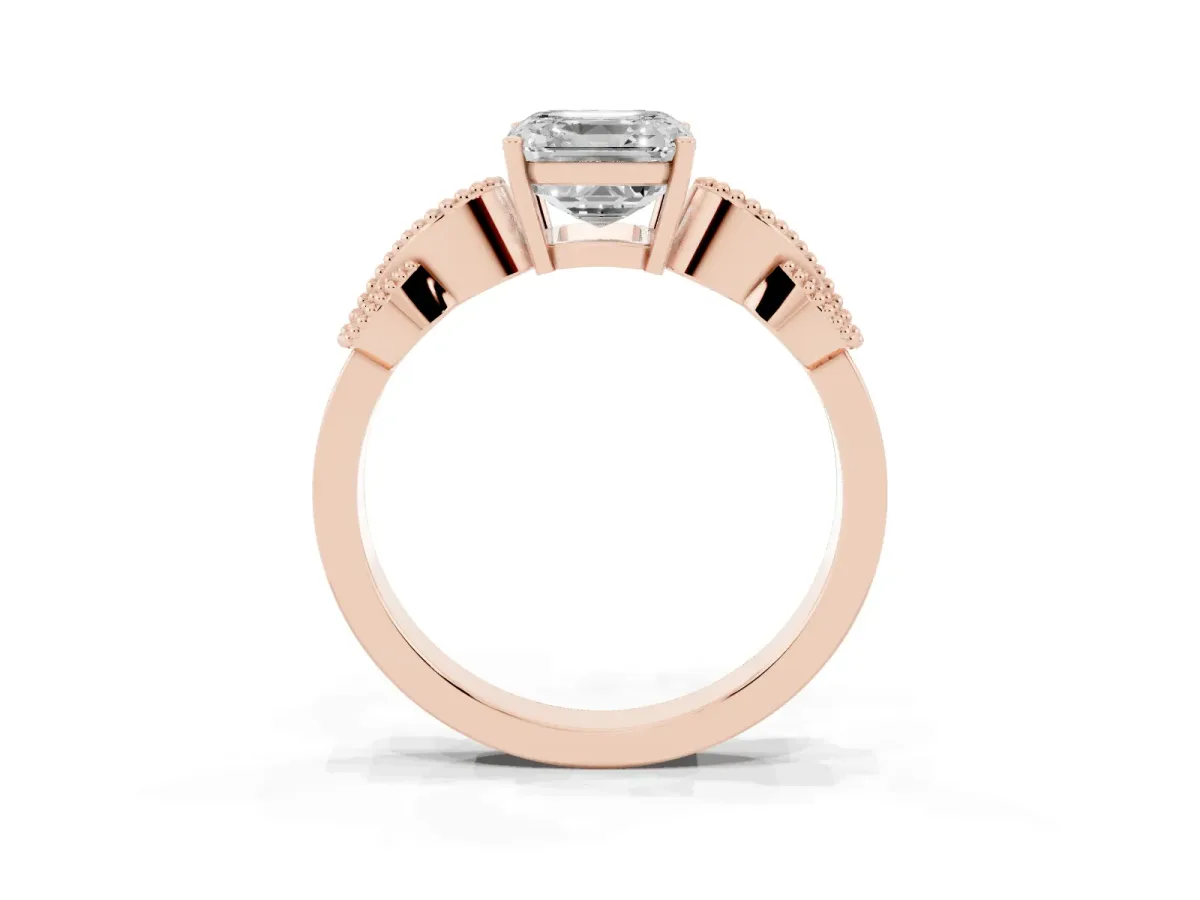 Asscher Cut Solitaire Milgrain Leaf Band with Prong Setting Rose gold