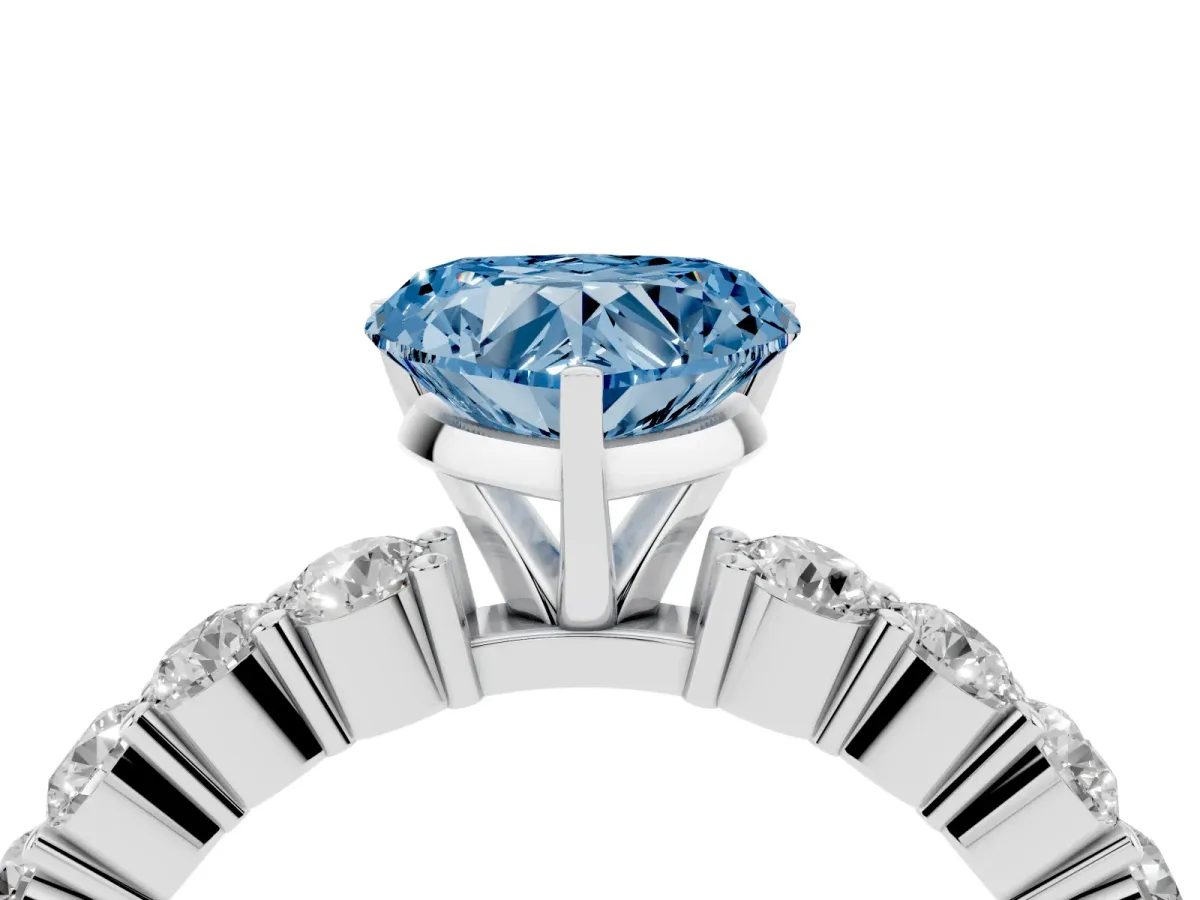 Fancy Blue Heart Cut Diamond Solitaire Ring with Shared Prong Round Side Stones White gold