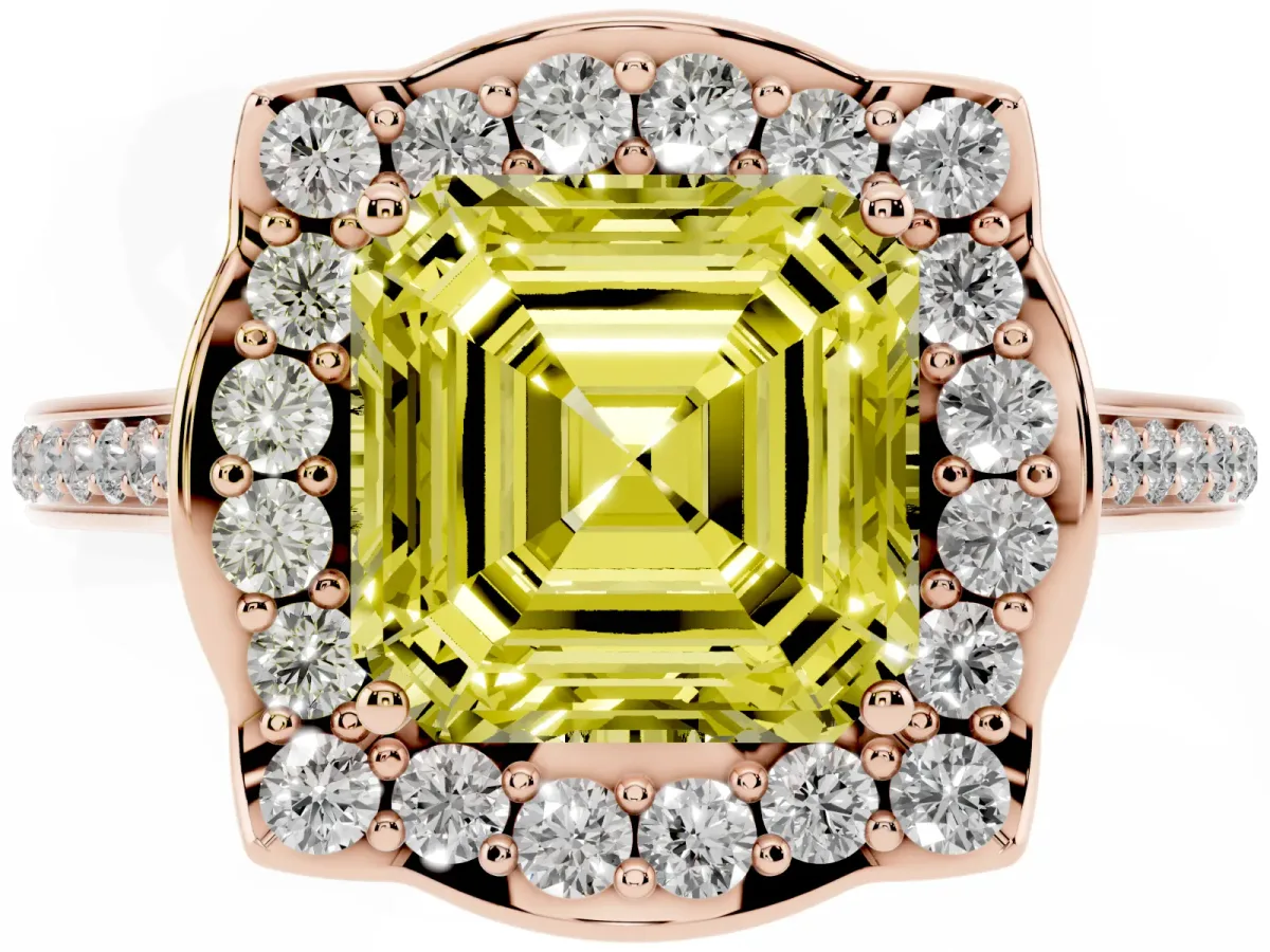Fancy Yellow Asscher Cut Halo Round Diamond Pave Band with Four-Prong Setting Rose gold