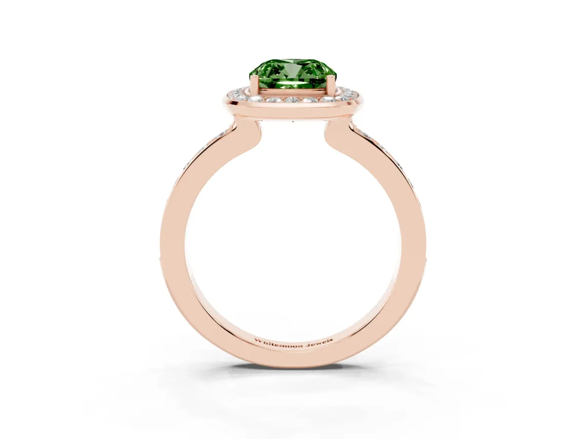 Fancy Green Cushion Cut Diamond Halo Ring with Bezel Frame and Pavé Band Rose gold
