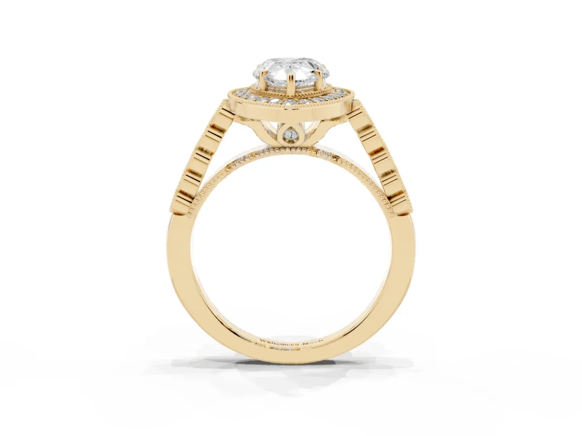 Pear Cut Halo Milgrain Solitaire with Bezel Set Side Stones and Pave Band Yellow gold
