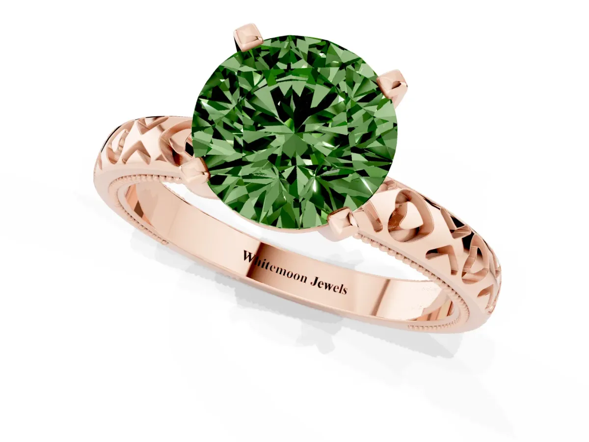 Fancy Green Round Cut Solitaire Diamond Engagement Ring with XO Engraved Band and Four-Prong Setting Rose gold