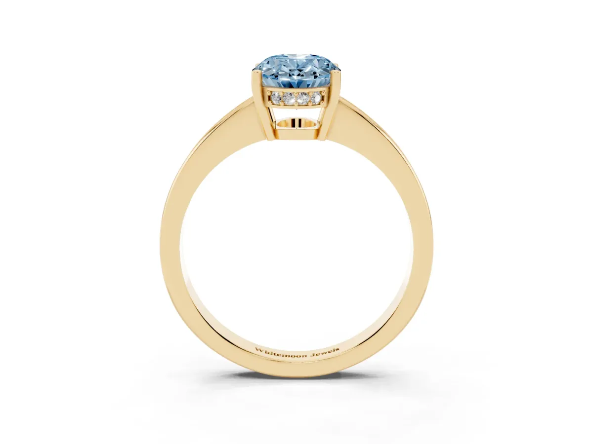 Fancy Blue Oval Cut Solitaire Pavé Band Prong Setting Ring Yellow gold
