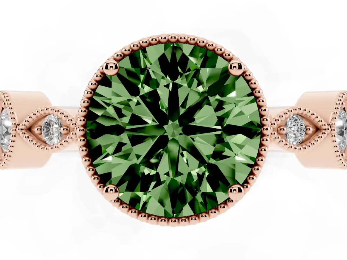 Fancy Green Round Cut Diamond Vintage Milgrain Ring with Round Stations Rose gold
