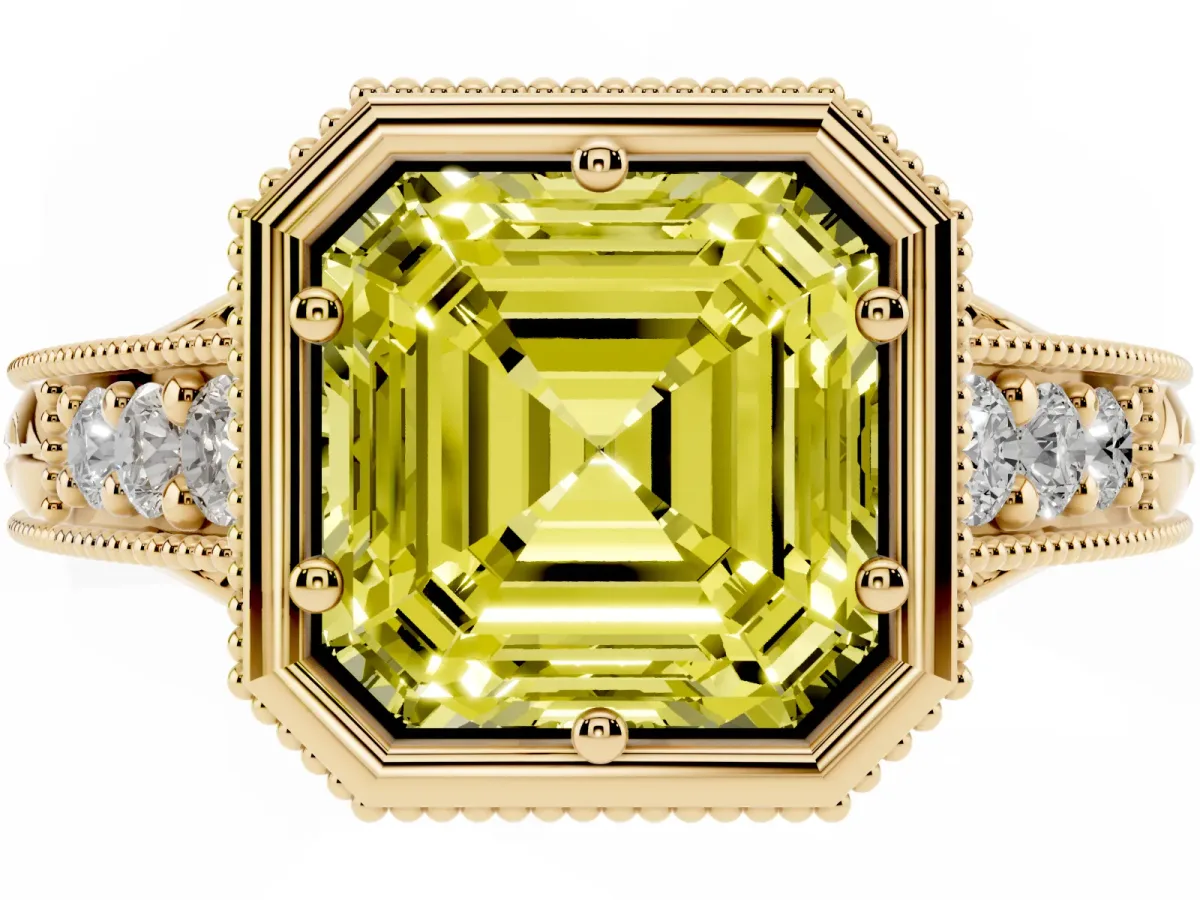 Fancy Yellow Bezel Set Asscher Cut Diamond Milgrain Pave Engagement Ring Yellow gold