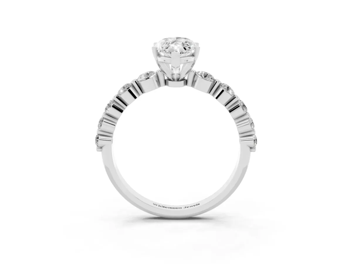 Marquise Cut Solitaire Diamond Ring with Pave Band and Four-Prong Setting Silver
