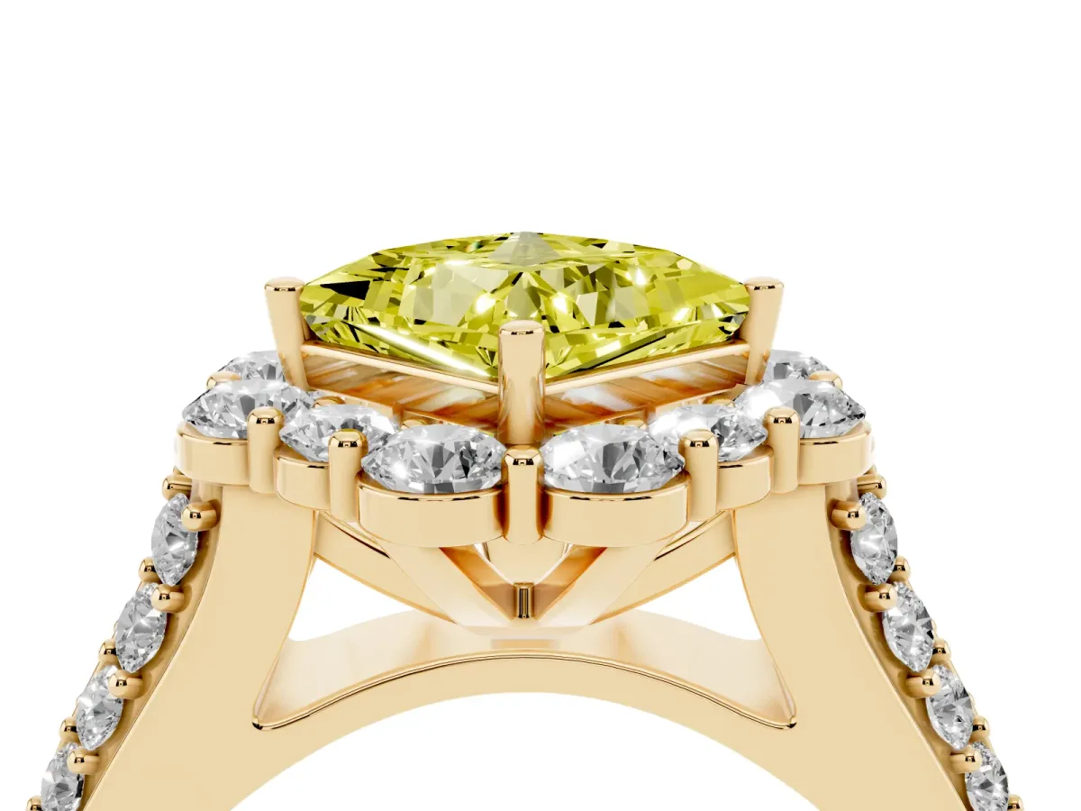 Fancy Yellow Princess Cut Halo Diamond Engagement Ring with Split Shank and Prong Setting Yellow gold