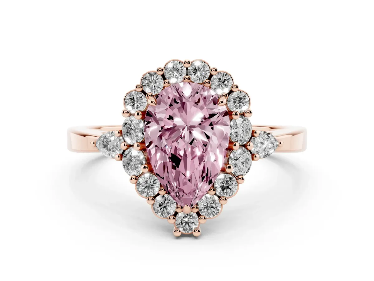Fancy Pink Pear Cut Diamond Halo Ring with Pear Side Stones and Prong Setting Rose gold