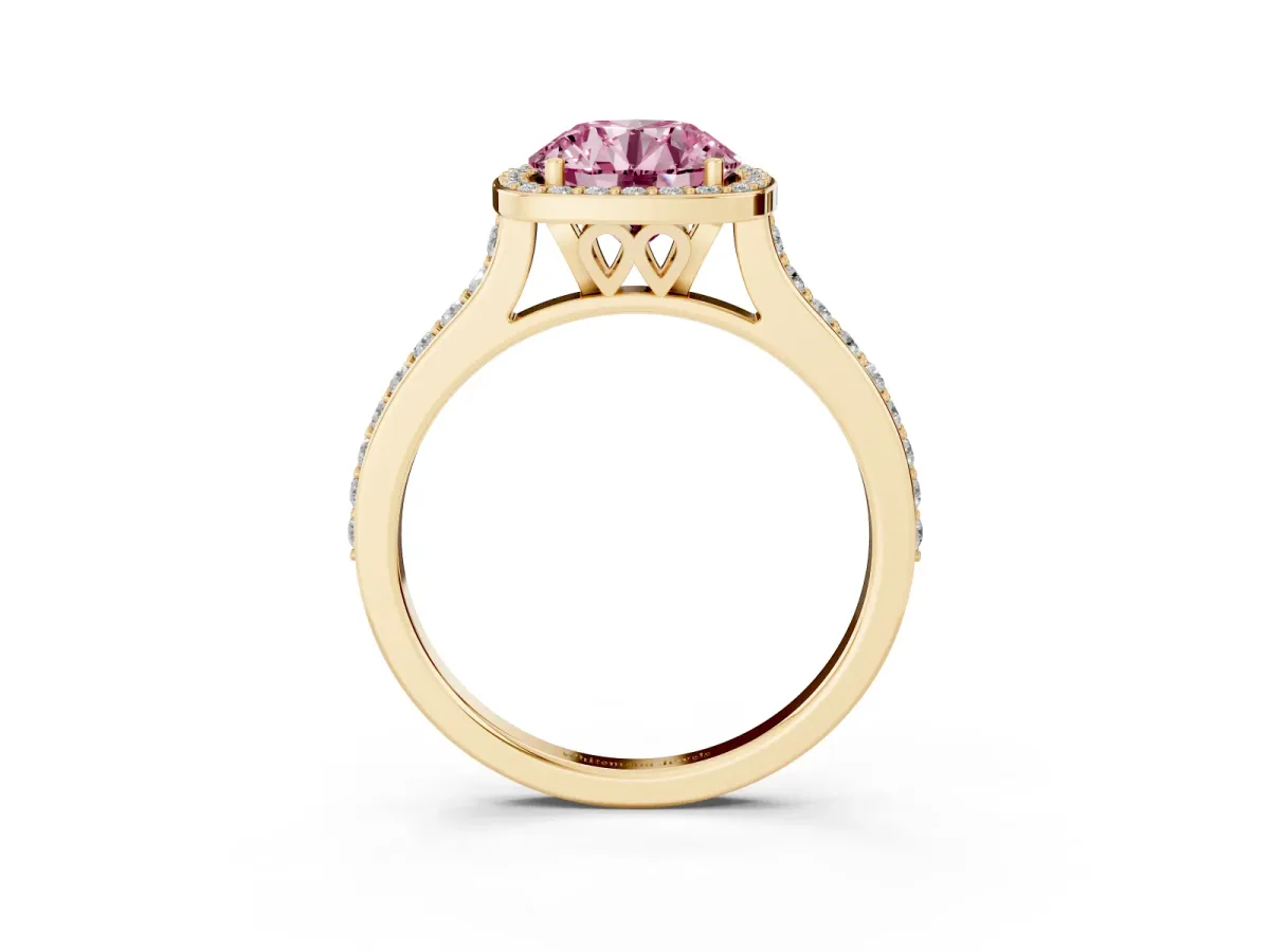 Fancy Pink Round Cut Diamond Halo Engagement Ring with Round Pavé Shoulders and Prong Setting Yellow gold
