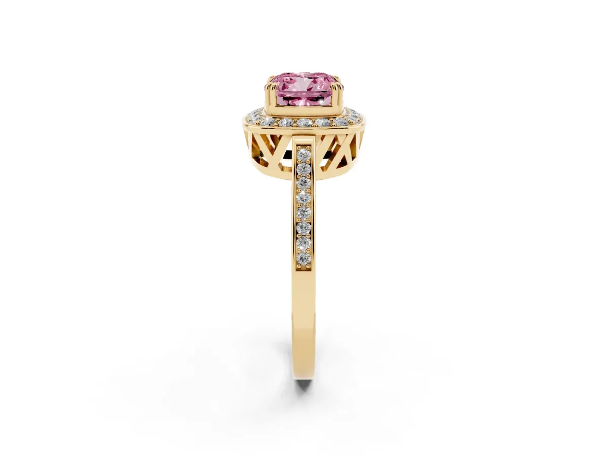 Fancy Pink Cushion Cut Diamond Halo Ring with Split Shank and Four-Prong Setting Yellow gold