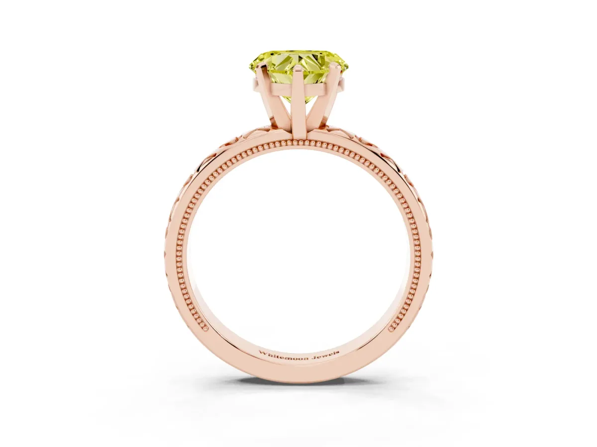 Fancy Yellow Heart Cut Solitaire Diamond Engagement Ring with XO Engraved Band and Four-Prong Setting Rose gold