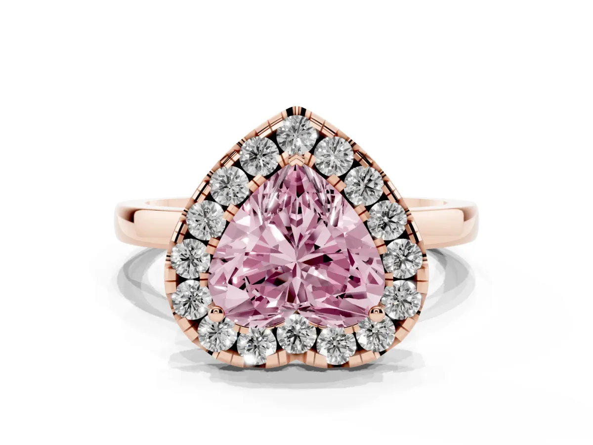 Fancy Pink Heart Cut Halo Diamond Solitaire with Pavé Band and Four-Prong Setting Rose gold