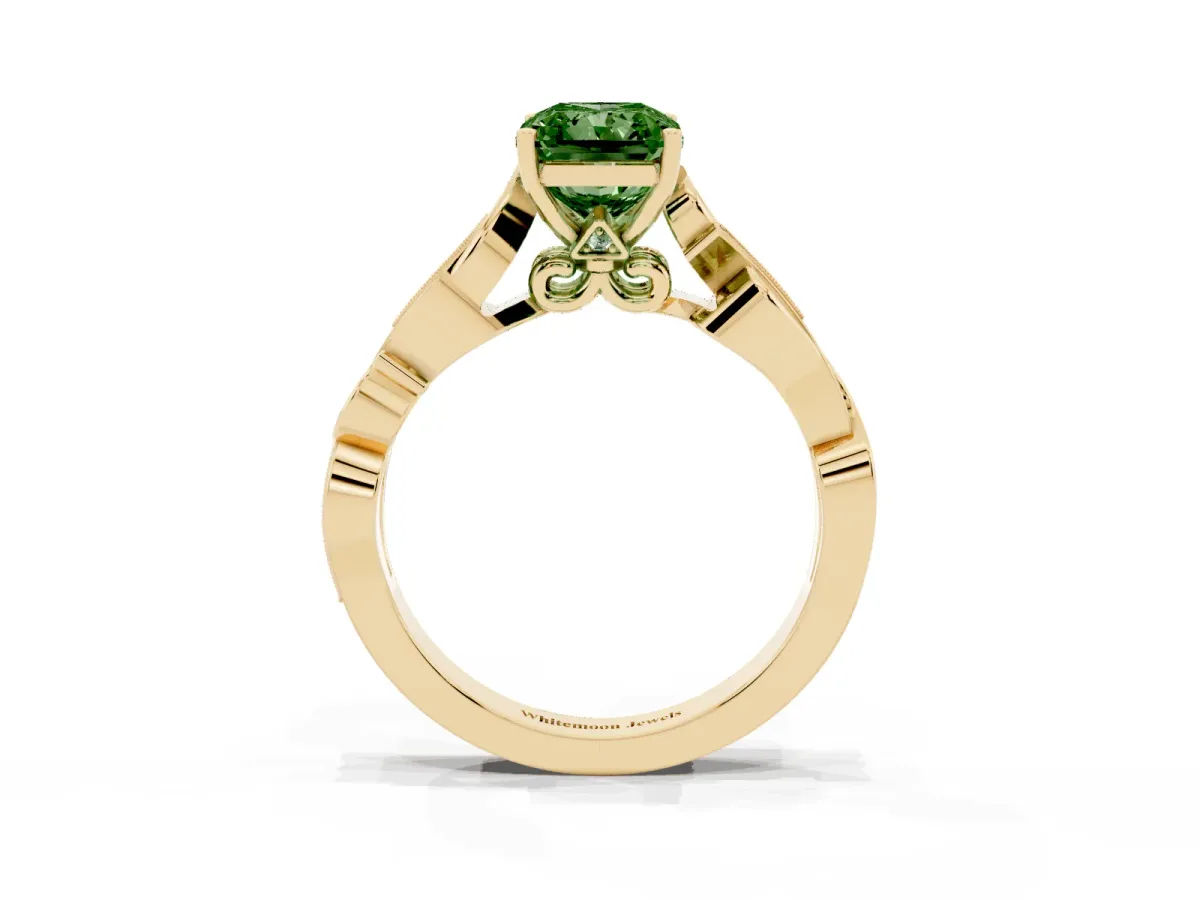 Fancy Green Radiant Cut Solitaire Vine Band with Milgrain Prong Setting Yellow gold