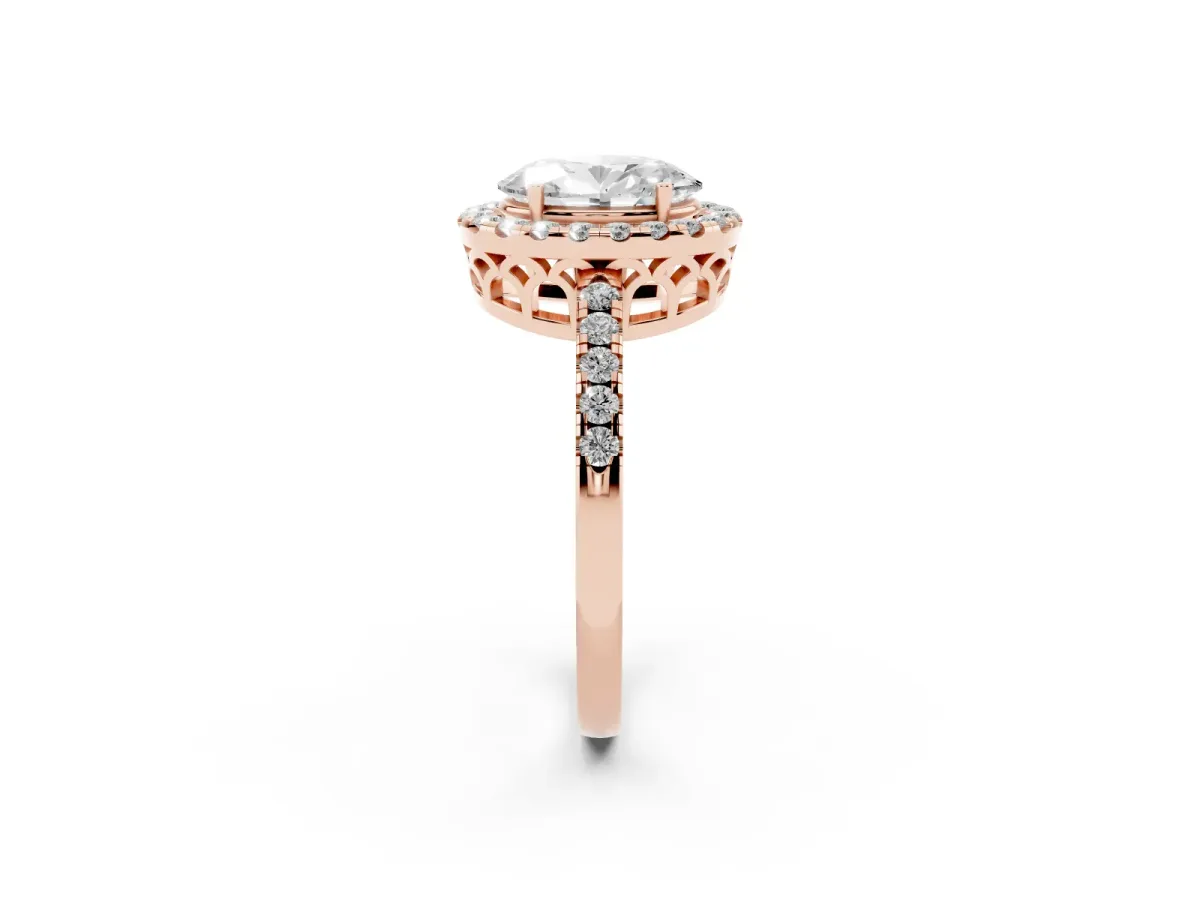 Oval Cut Halo Diamond Engagement Ring with Pavé Band and Four-Prong Setting Rose gold