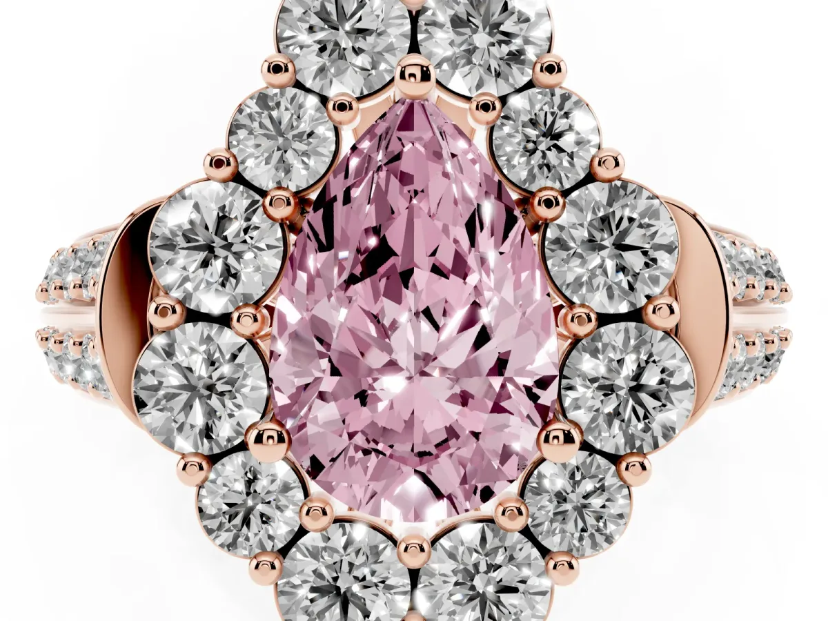 Fancy Pink Pear Cut Halo Diamond Engagement Ring with Split Shank and Prong Setting Rose gold