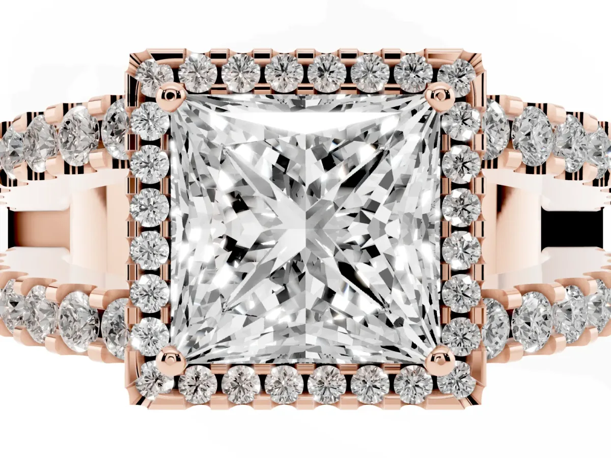 Princess Cut Cut Halo Split Shank Diamond Ring with Four-Prong Setting Rose gold